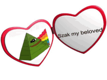 a heart shaped mirror with a green pyramid and the words szek my beloved on it