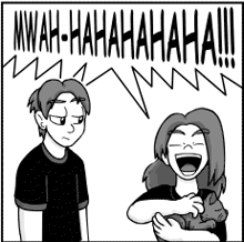 a black and white drawing of a man and a woman laughing .