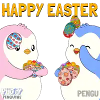 two penguins holding easter eggs with the words happy easter