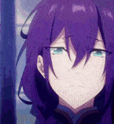 a close up of a girl with purple hair and green eyes