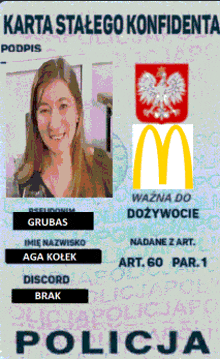 a passport with a picture of a woman and a mcdonalds logo on it