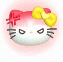 a hello kitty face with an angry expression and a yellow bow on its head .