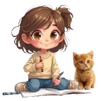a little girl is sitting on the floor holding a pen next to a cat