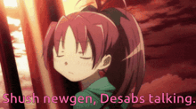 a picture of a girl with the words shush newgen desabs talking below her