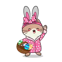 a cartoon bunny wearing polka dot pajamas holds an easter basket full of eggs