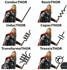 a picture of thor holding a sword with the words conductor resistor capacitor and transisthor on it