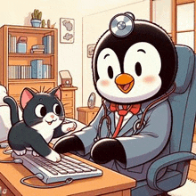 a penguin is sitting at a desk with a cat and a computer .