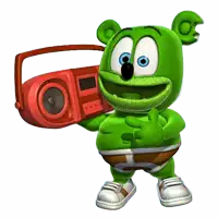 a green gummy bear is holding a red radio