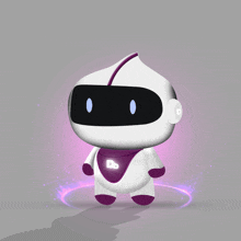 a white and purple robot with the letter d on the chest