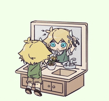 a cartoon of a boy brushing his hair in front of a bathroom mirror .