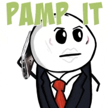 a cartoon character in a suit and tie is holding a cell phone to his ear with the words pamp it above him