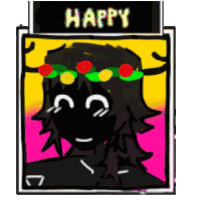 a drawing of a person with a crown of flowers on their head and the word happy on the bottom