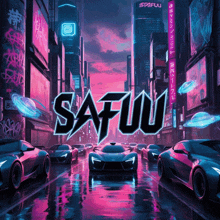 a poster for safuu shows cars driving down a wet street