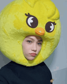 a person wearing a yellow stuffed animal hat with a duck face on it