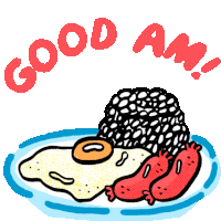 a cartoon drawing of a plate of food with the words " good am " above it