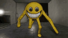 a yellow smiley face with long legs is standing in a room .