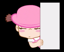 a cartoon girl in a pink hat is holding a white sign .