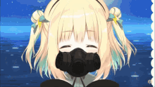 a girl with blonde hair is wearing a gas mask and smiling