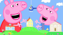 two peppa pigs are standing next to each other