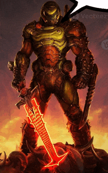 a poster of a video game character holding a sword that says " doom eternal " on it