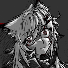 a black and white drawing of a fox with a scar on her face