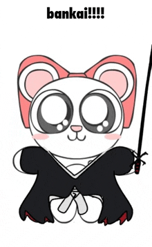 a drawing of a panda bear holding a sword with the word bankai written below it