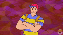 a cartoon of a man wearing a red hat and a blue shirt is talking .