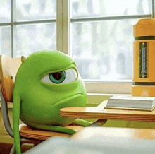 mike wazowski from monsters inc sits at a desk