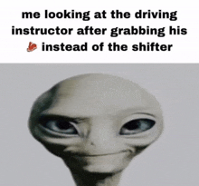 a picture of an alien with a caption about looking at the driving instructor after grabbing his instead of the shifter .