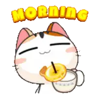 a cartoon cat is drinking from a cup with the word morning written above it