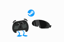 a cartoon illustration of a game controller with a steam logo above it