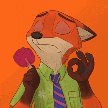 a cartoon of a fox in a green shirt and tie holding a lollipop