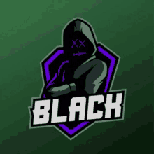 a logo for a gaming team called black with a person in a hood and a shield .