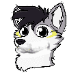 a pixel art drawing of a husky dog with a black haircut and yellow eyes .