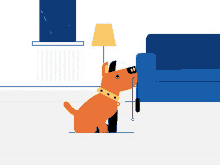 a dog is sitting next to a lamp in a living room