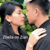 a man and a woman are kissing with the words " zhelia on zian " written below them