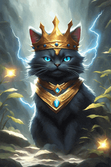 a black cat wearing a gold crown and a necklace