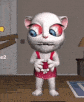 a cartoon cat with big red eyes is standing in a room with the number 2 on the wall behind her