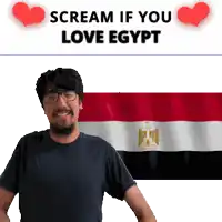 a man with glasses stands in front of a flag with the words scream if you love egypt above him