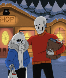 two skeletons are standing in front of a shop holding a bag of candy