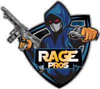 a logo for rage pros shows a man in a blue hoodie holding a gun