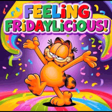 a cartoon of garfield dancing with the words feeling friday licious behind him