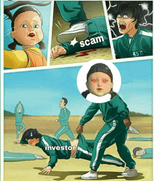 a cartoon shows a doll with red eyes and the words scam investor on it