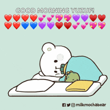 a cartoon of a teddy bear laying on a bed with the words " good morning yozuf " above it