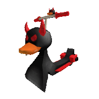 a black duck with horns is riding a scooter