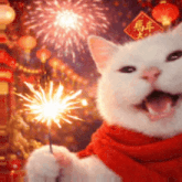 a white cat is holding a sparkler in front of fireworks