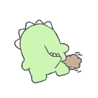 a cartoon drawing of a green dinosaur with a brown nose