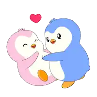 a pink and blue penguin hugging each other with a red heart above them