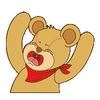 a brown teddy bear wearing a red scarf is crying