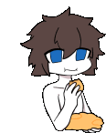 a cartoon character with brown hair and blue eyes is holding a donut in his hand .